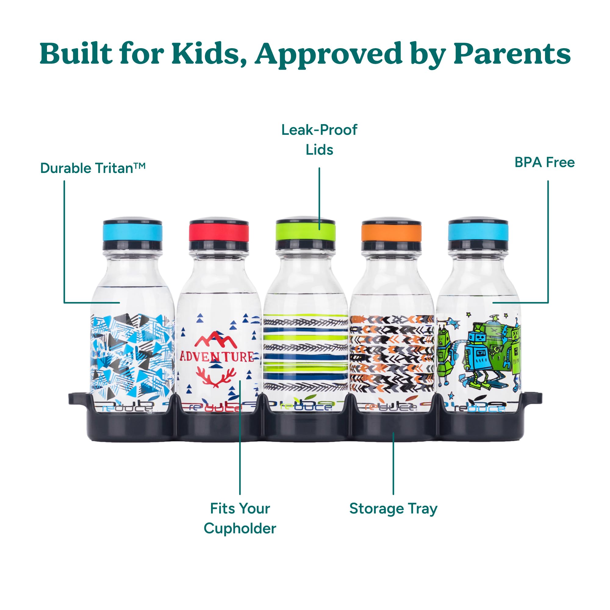 REDUCE WaterWeek Refillable Water Bottles  14 oz - Includes 5 WaterWeek Leak Proof Tritan Reusable Water Bottles - Includes Fridge Tray For Your Water Bottles - Adventure